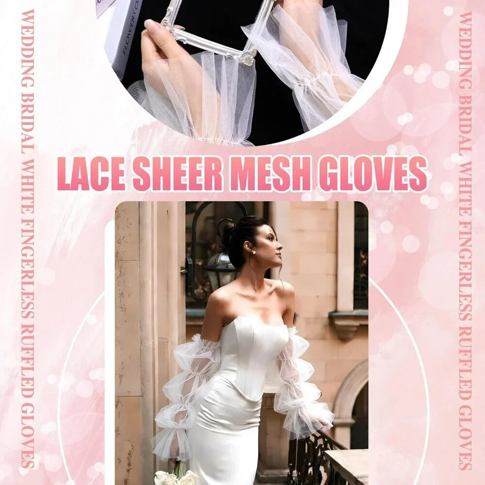 Women's White Long Lace Sheer Stretchy Puffy Ruffled Tulle Detachable Gloves